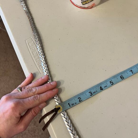 J. Crew Silver Metallic Genuine Leather Thin Skinny Woven Belt Size Large - Picture 9 of 12